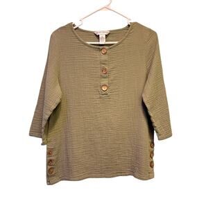 Draper’s & Damon’s Petite Olive Boxy 3/4 Sleeve Button Down Top Size M